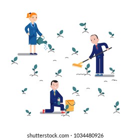 Three business people tending to young green plants watering them. Business man and woman  raking the weeds and kneeling with a bucket in a conceptual vector illustration on white