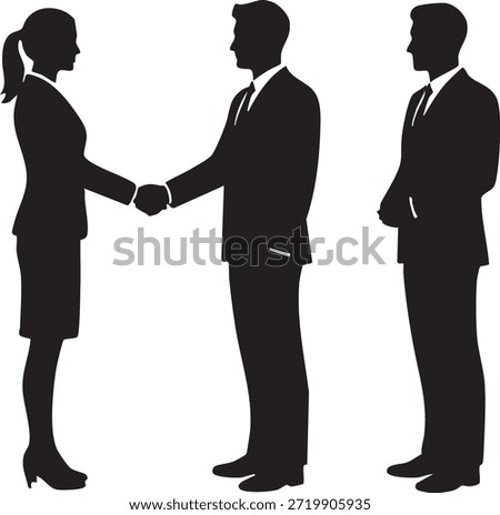 Three Business People with Two Shaking Hands and Observer Silhouettes isolated on white background