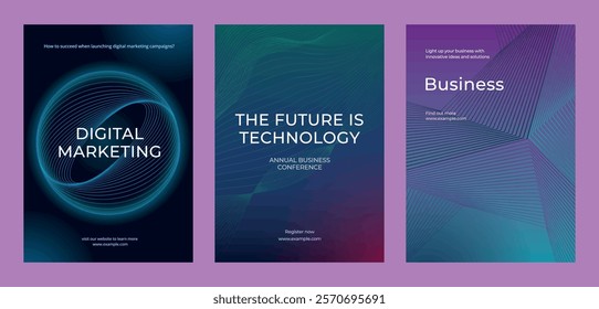 Three business posters with digital marketing. Technology and business focus. Modern design with abstract patterns. Marketing and technology emphasis. Digital business and big data template vector.