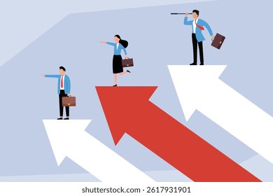 three business professionals on ascending white arrows, with one pointing forward, another looking through a telescope