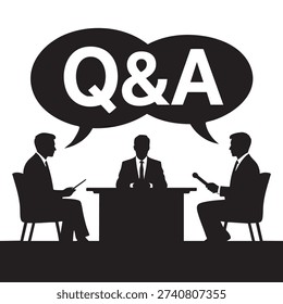 Three business professionals sit around a table engaged in a discussion with a large speech bubble displaying qanda above them.