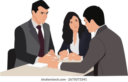 Tres profesionales de negocios, dos hombres y una mujer, están sentados alrededor de una mesa, activamente involucrados en una discusión.
