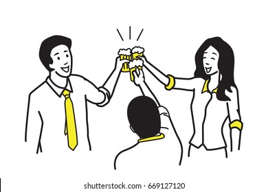 Three of businessman and businesswoman, office workers, holding glasses of beer, to celebrate in concept of happy, special occasion, weekend, cheerful party, success. Outline hand drawing style.