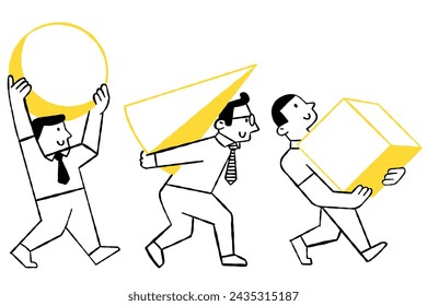 Three businessman choose and carrying different shapes, symbolizing to variation of people who have different way, choices, individual, ideas. Outline, thin line art, hand drawn sketch, ink style.