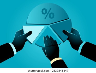 Three businessman hands each holding a piece of a circular chart, symbolizing shareholder equity, business partnerships, investment, corporate ownership, and collaboration