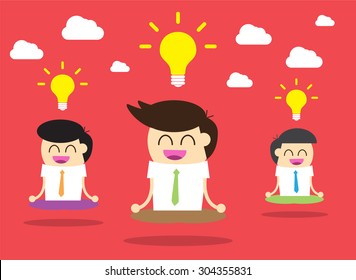 three Businessman meditation,good idea concept, Businessman thinking during meditation, cartoon flat design vector background