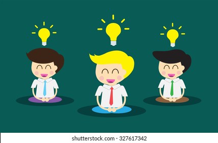Three Businessman meditation,good idea concept, Businessman thinking during meditation, cartoon flat design vector background