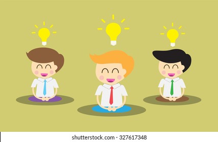 Three Businessman meditation,good idea concept, Businessman thinking during meditation, cartoon flat design vector background