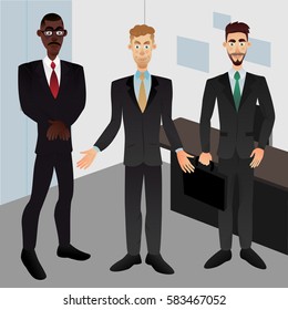 Three businessman on office background. Cartoon style. Vector illustration.