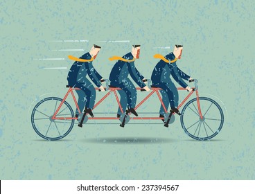 Three businessman riding tandem bicycle, Teamwork concept 