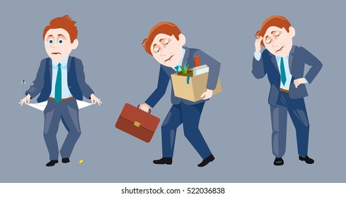 Three of a businessman in sad situation. One with pockets turned inside out, and the second has just been dismissed from the box, and the third just angry