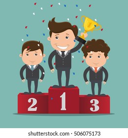 Three businessman standing on the winning podium holding up winning trophy.Vector illustration