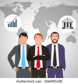 three businessman in suit standing with world map