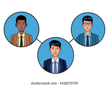 three businessmen afroamerican wearing suit and glasses and smiling avatar cartoon character profile picture portrait in round icons vector illustration graphic design