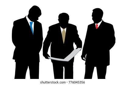 Three businessmen architects or engineers with different tie color looking at a new project plan