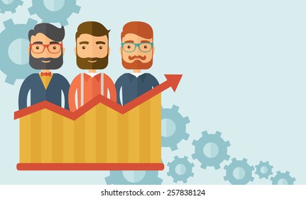 Three businessmen with beards over growing chart. Perspective business concept. Vector flat design Illustration. Horizontal layout with a text space in a top right corner.