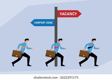 three businessmen with briefcases walking away from a blue sign pointing towards COMFORT ZONE and towards a red sign pointing towards VACANCY