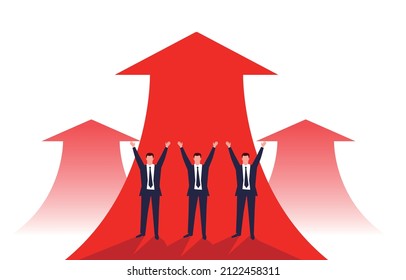 Three businessmen cheering standing on a rising arrow, business growth, promotion, career development, success concept