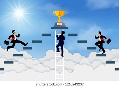 Three businessmen climb the ladder to the goal on the trophy on sky. To be one of the highest achievers. concept of business advancement and higher success and leadership in the highest organization