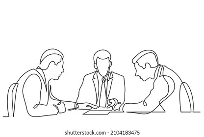 three businessmen discuss details of business deal during meeting continuous line drawing