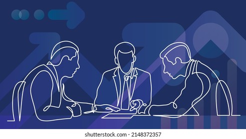 three businessmen discuss details of business deal during meeting continuous line drawing