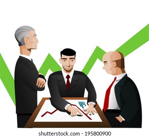 Three businessmen discussing diagram 