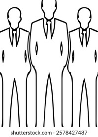 Three Businessmen in Formal Suits Standing in a Row. A simple, black and white line art illustration of three businessmen in formal suits, standing side-by-side, hands in their pockets.