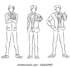 Three businessmen full length, gesture - confidence, all right, success. Monochrome vector image/Set of stylized businessmen 