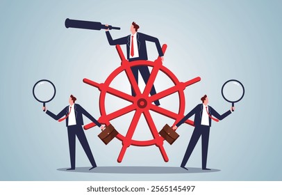 Three Businessmen at the Helm of a Ship