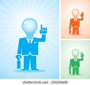 Three businessmen with a lamp for a head showing different hand gestures. Eps8 CMYK Organized by layers Global colors. Gradients used