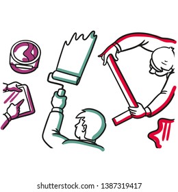 Three businessmen are leaning over a table during the creative process. Paint roller, ruler, tablet. black and white illustration with light swatches of color from a workshop.