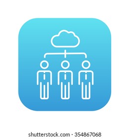 Three businessmen linked with a cloud  line icon for web, mobile and infographics. Vector white icon on the blue gradient square with rounded corners isolated on white background.
