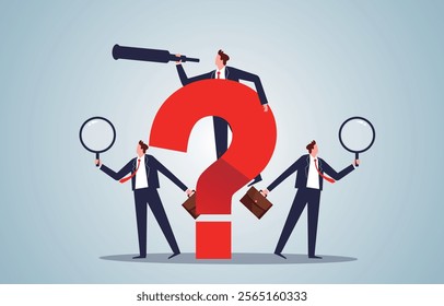 three businessmen with magnifying glasses and binoculars next to a question mark