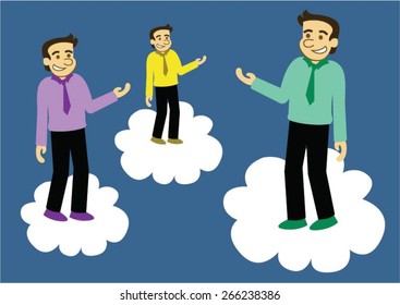 three businessmen on clouds