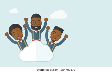 Tres hombres de negocios sobre la nube alzando sus brazos muestran que están contentos por su éxito en los negocios. Un estilo contemporáneo con una paleta pastel y un fondo suave de tonos azules y desaturado