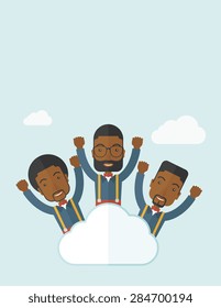 Three businessmen on top of the cloud raising their arms shows that they are happy for their success in business. A contemporary style with pastel palette soft blue tinted background with desaturateds