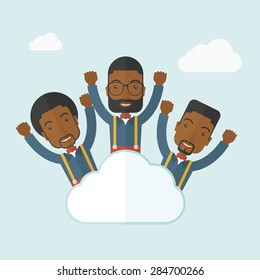 Three businessmen on top of the cloud raising their arms shows that they are happy for their success in business. A contemporary style with pastel palette soft blue tinted background with desaturateds