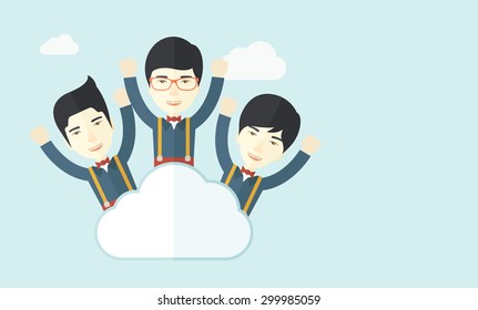 Three businessmen on top of the cloud raising their arms shows that they are happy for their success in business. A contemporary style with pastel palette soft blue tinted background with desaturated