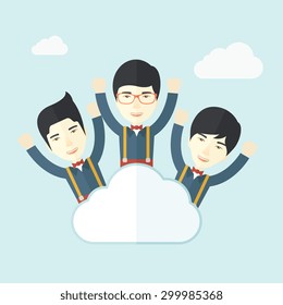 Tres hombres de negocios sobre la nube alzando sus brazos muestran que están contentos por su éxito en los negocios. Un estilo contemporáneo con una paleta pastel y un fondo suave de tonos azules y desaturado