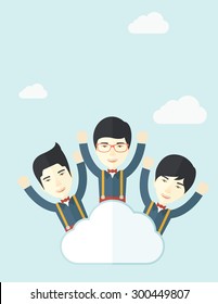 Three businessmen on top of the cloud raising their arms shows that they are happy for their success in business. A contemporary style with pastel palette soft blue tinted background with desaturated