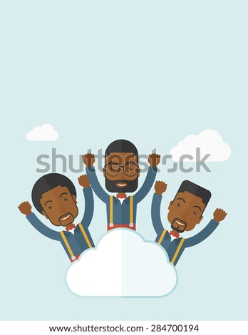 Three businessmen on top of the cloud raising their arms shows that they are happy for their success in business. A contemporary style with pastel palette soft blue tinted background with desaturateds