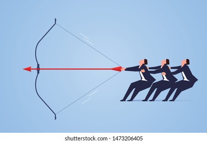 Three businessmen pull apart bows and arrows