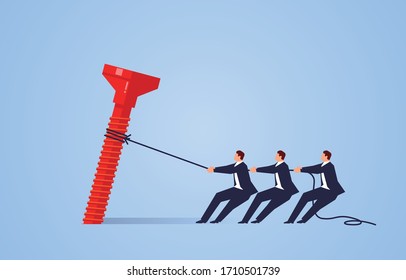 Three businessmen pulling out nails together
