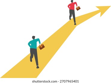 Tres hombres de negocios corriendo en flechas isométricas

