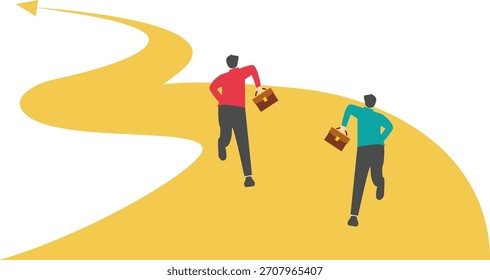 Tres hombres de negocios corriendo en flechas isométricas

