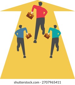 Tres hombres de negocios corriendo en flechas isométricas

