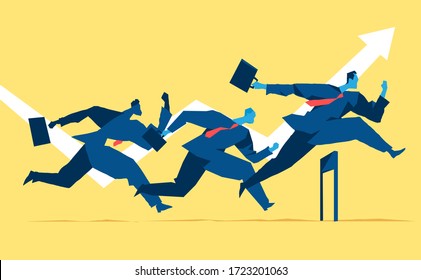 Three businessmen running over the obstacles. Business competition concept