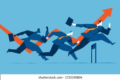 Three businessmen running over the obstacles 