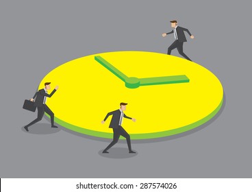 Three businessmen running round a huge clock. Creative vector illustration for business concept on round the clock metaphor isolated on grey background.