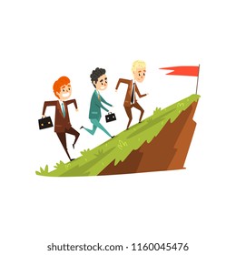 Three businessmen running together on mountain to flag, leader running ahead, business, career development concept vector Illustration on a white background